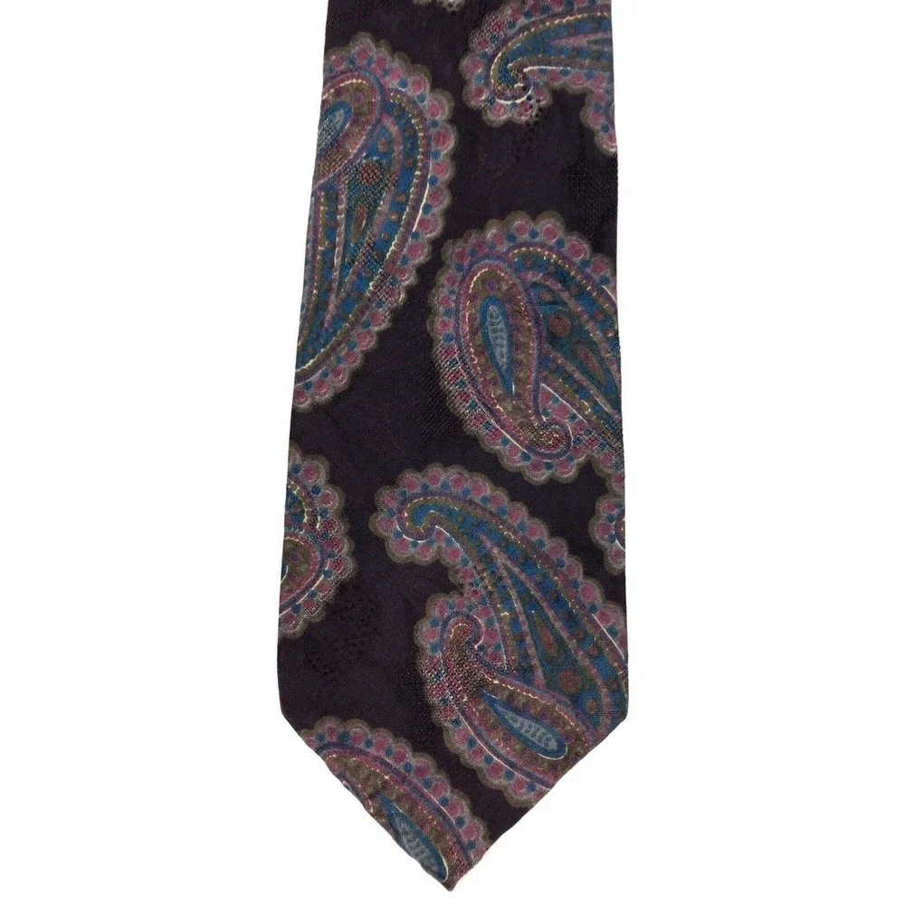 Aquascutum Tie 100% Silk Black Blue Purple Paisley Elegant Business Necktie 56